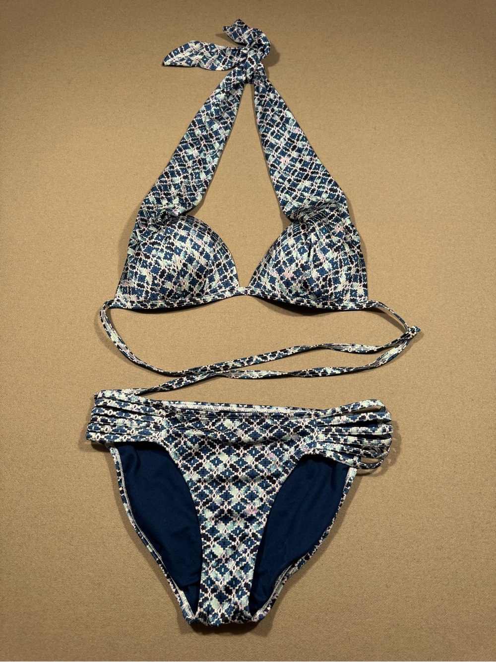 Athleta Halter Top and Bikini Bottom Womens Small Blue Aqualuxe Print geometric